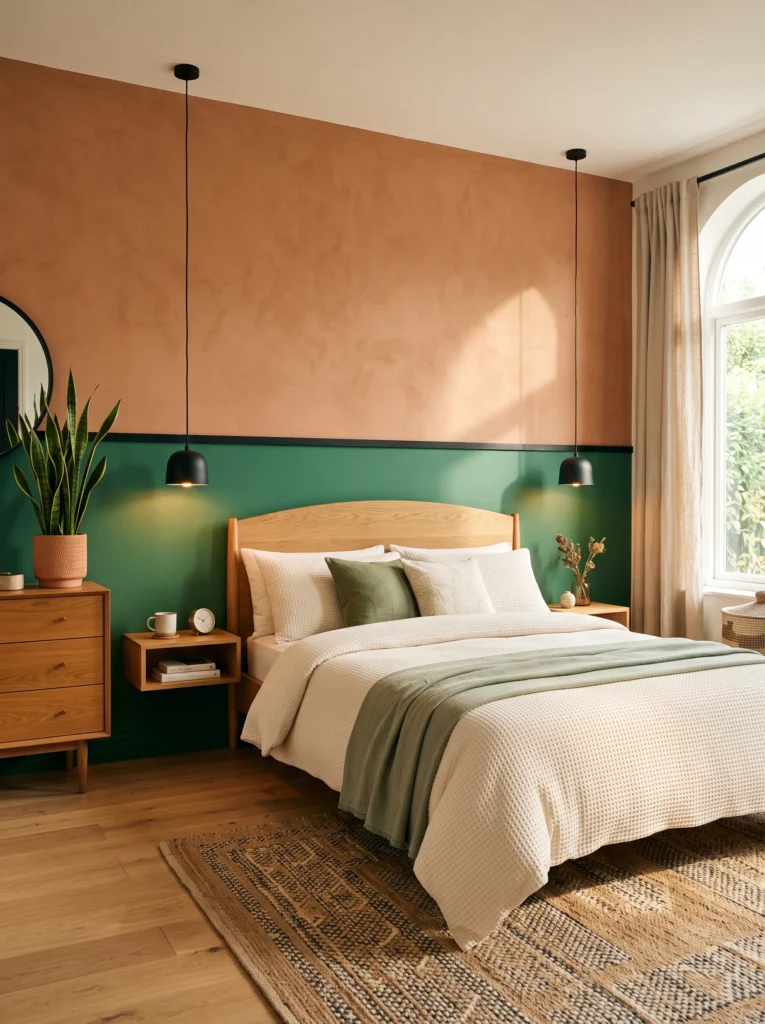 Half emerald, half terracotta bedroom wall with a black trim line