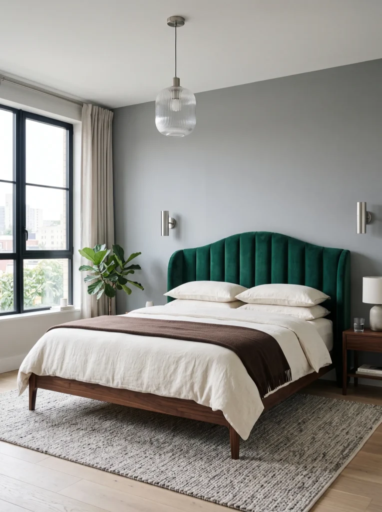 Channel-tufted emerald velvet headboard with chrome sconces