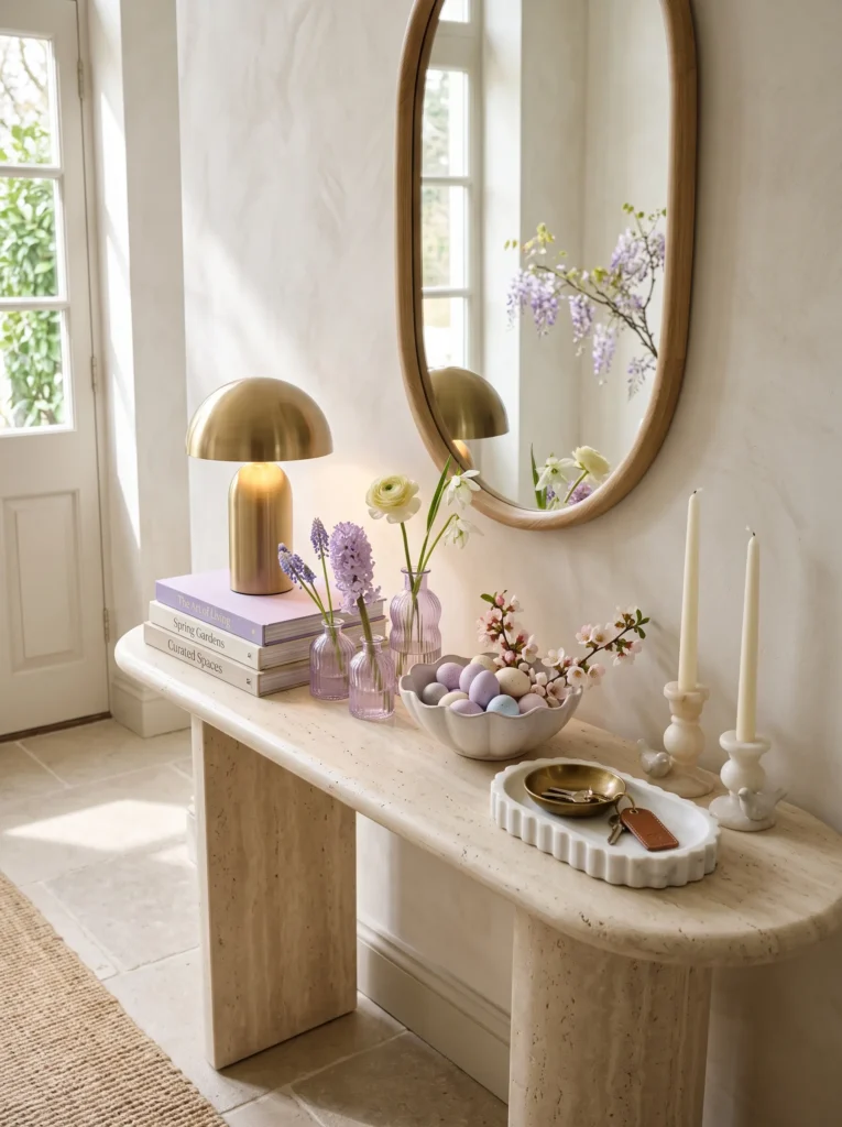 Lavender styled entryway console table with ripple glass bud vases and stacked books