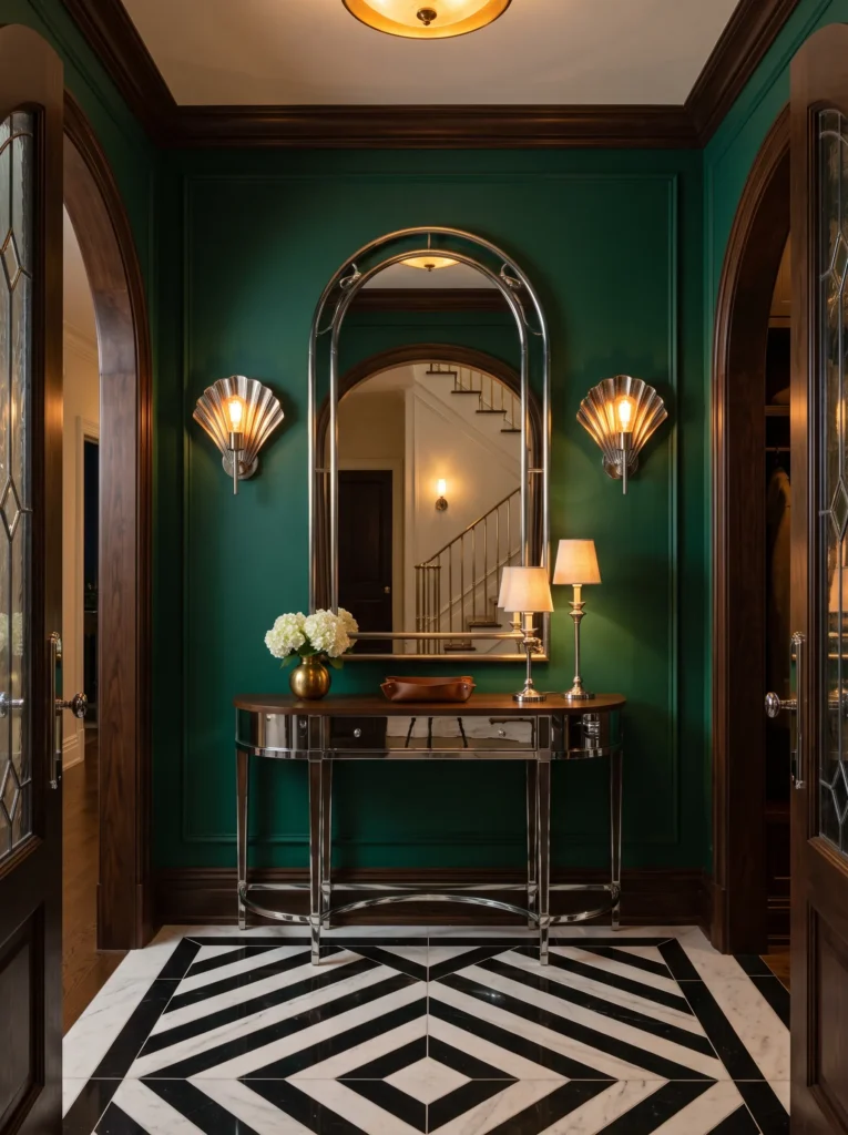 Brass fan-shaped wall sconce and arched mirror in an elegant Art Deco entryway