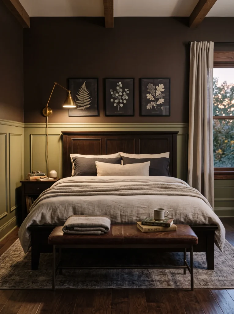 Espresso and olive green two-tone masculine boho bedroom wall