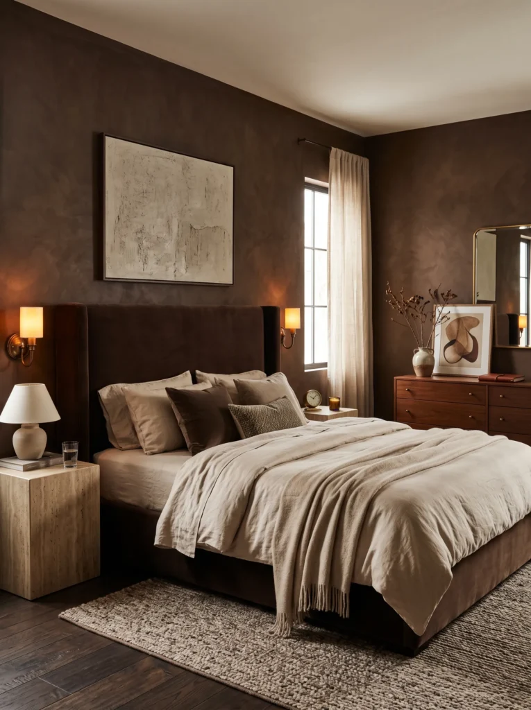 Espresso limewash bedroom wall with a chocolate velvet upholstered bed