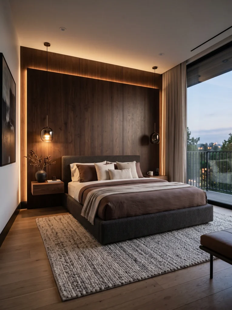 Espresso walnut wood paneled wall behind low-profile platform bed
