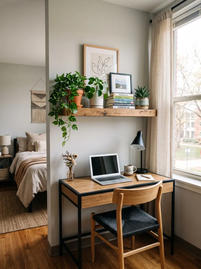 Floating wooden shelf with realistic faux plants and ceramic planters in a dorm room — low-maintenance dorm room ideas for guys.