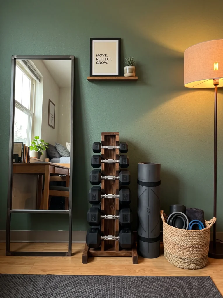 Small dorm fitness corner with leaning mirror, dumbbell rack, and yoga mat against a sage accent wall — dorm workout ideas for guys.