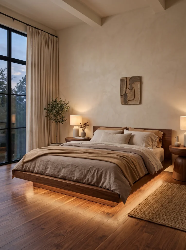 Custom floating platform bed with concealed under-bed lighting