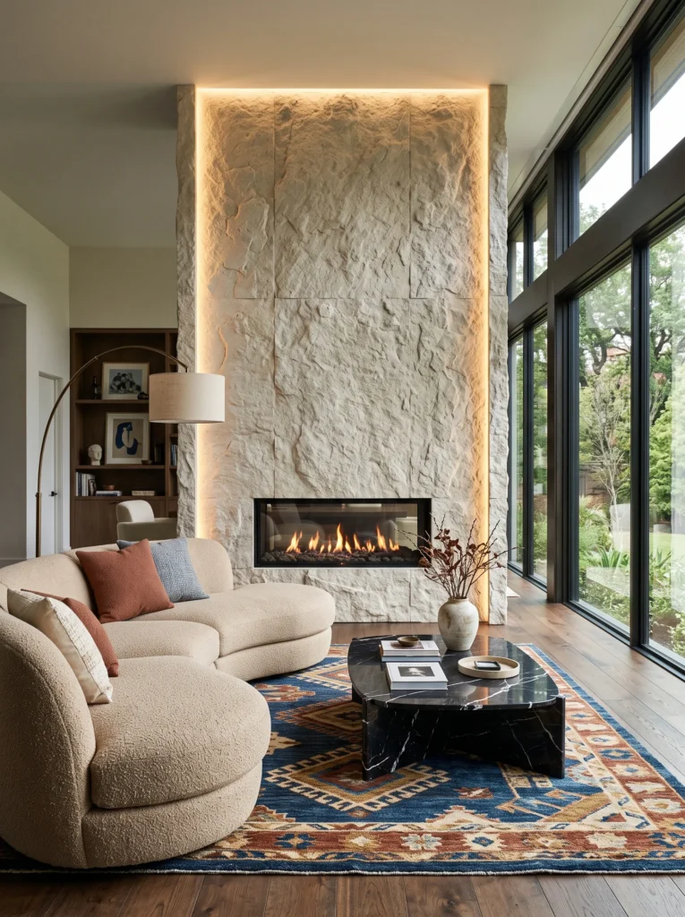 floating limestone fireplace wall with hidden LED lighting