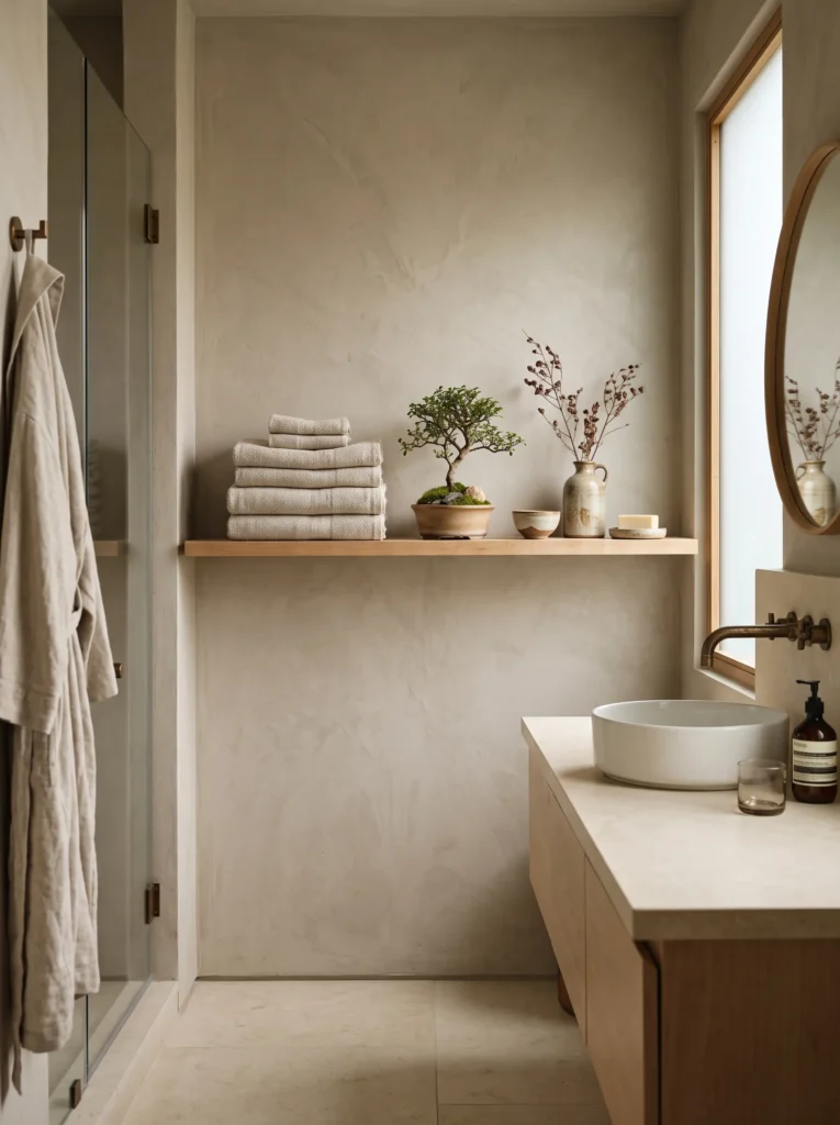  floating maple shelf with folded linen towels and ceramics