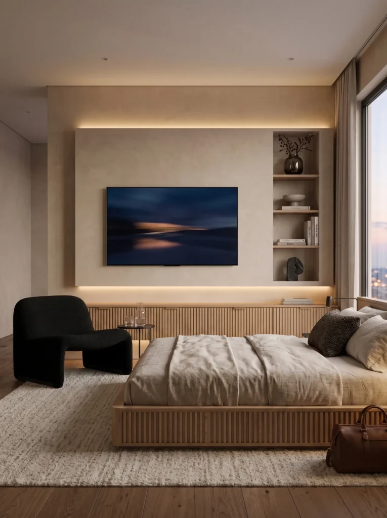 sculptural black lounge chair beside a floating media wall with hidden storage