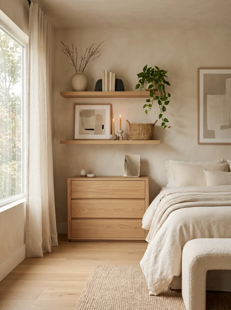 Floating solid oak shelves styled with ceramic vases above a wooden dresser