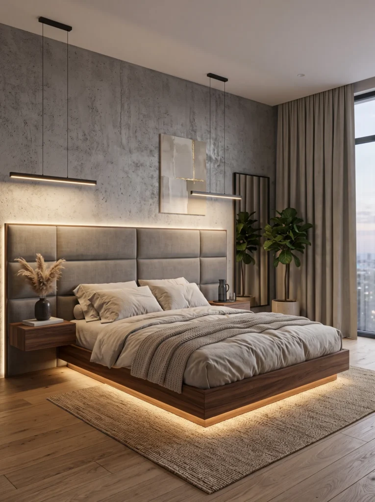 upholstered headboard and floating bed frame in a minimalist men's bedroom