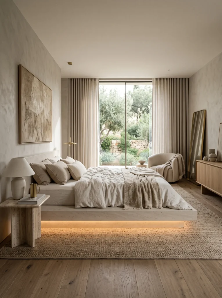 Floating limestone platform bed with concealed LED underlighting