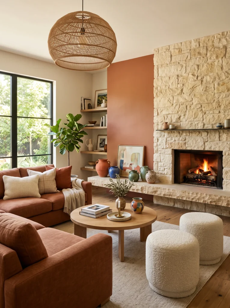 floating stone bench extending from a stacked stone fireplace