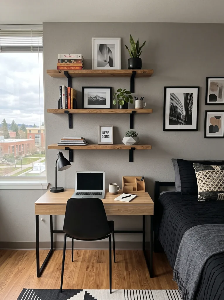 Floating oak wall shelves above a compact dorm study desk with framed artwork and small plants — dorm storage ideas for guys.