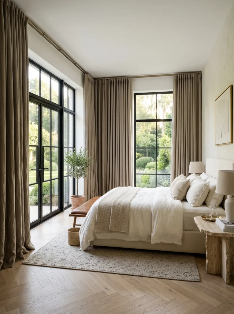 recessed ceiling curtain track above a low-profile upholstered bed