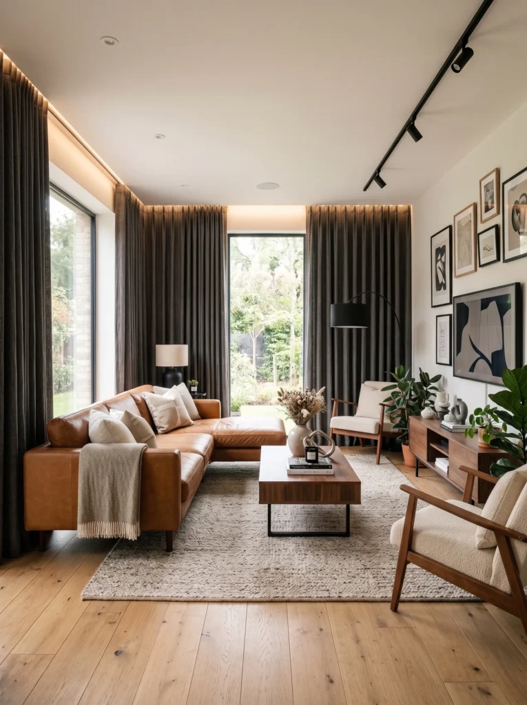 Floor-to-ceiling charcoal linen curtains in a modern masculine living room with large windows
