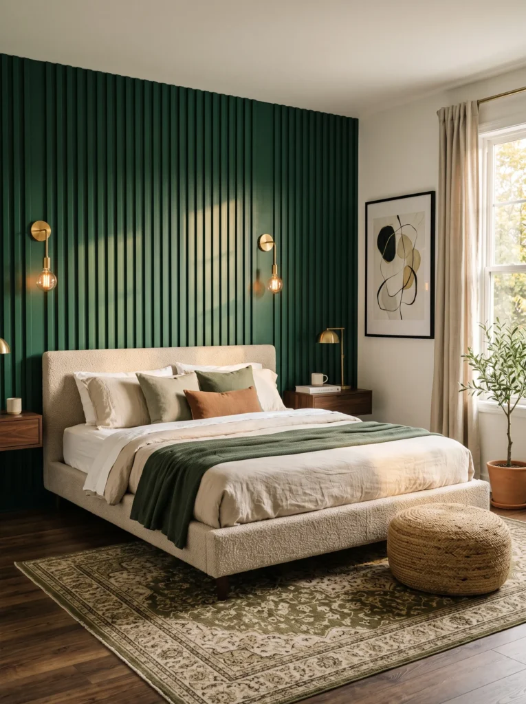 Fluted wood paneling painted emerald behind a bouclé bed