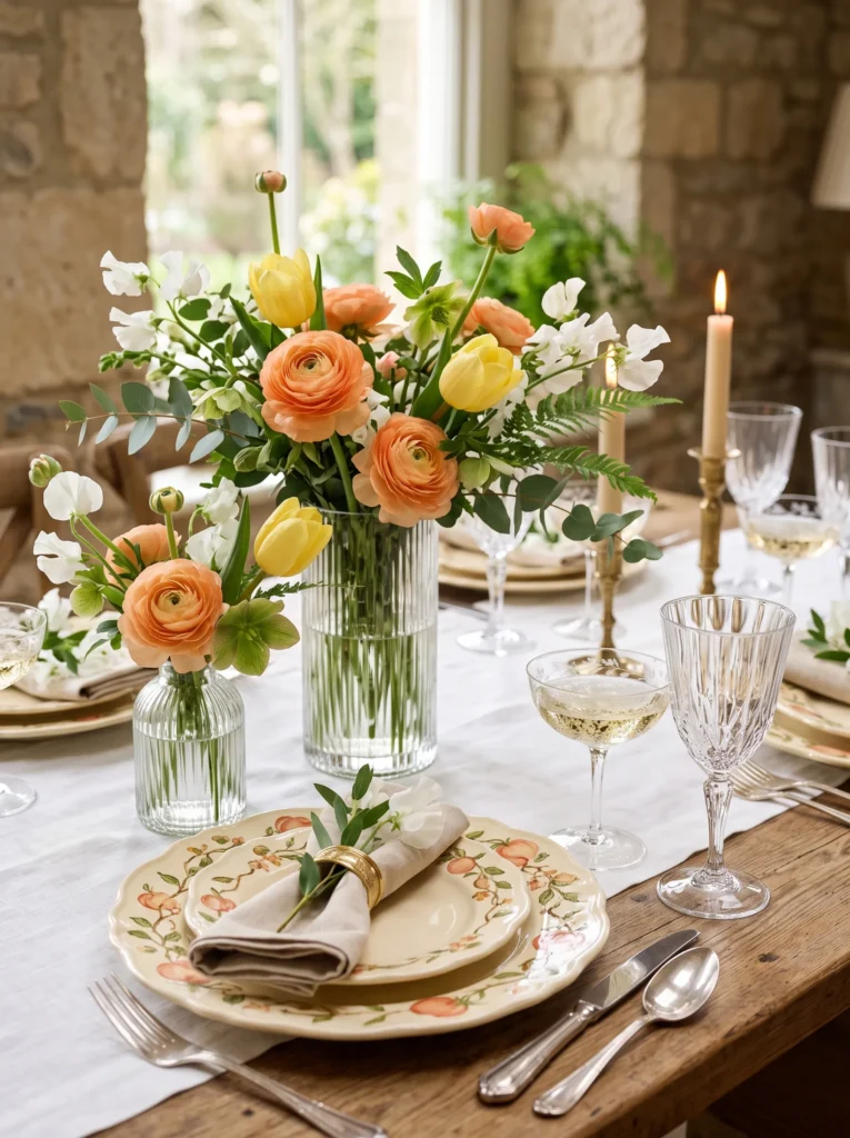 Fluted glass vases with peach ranunculus and butter-yellow tulips at asymmetrical heights