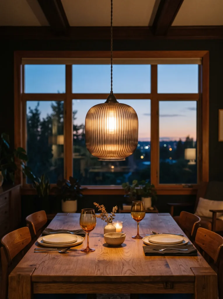 Fluted smoked-glass pendant light hanging low over a wooden dining table.