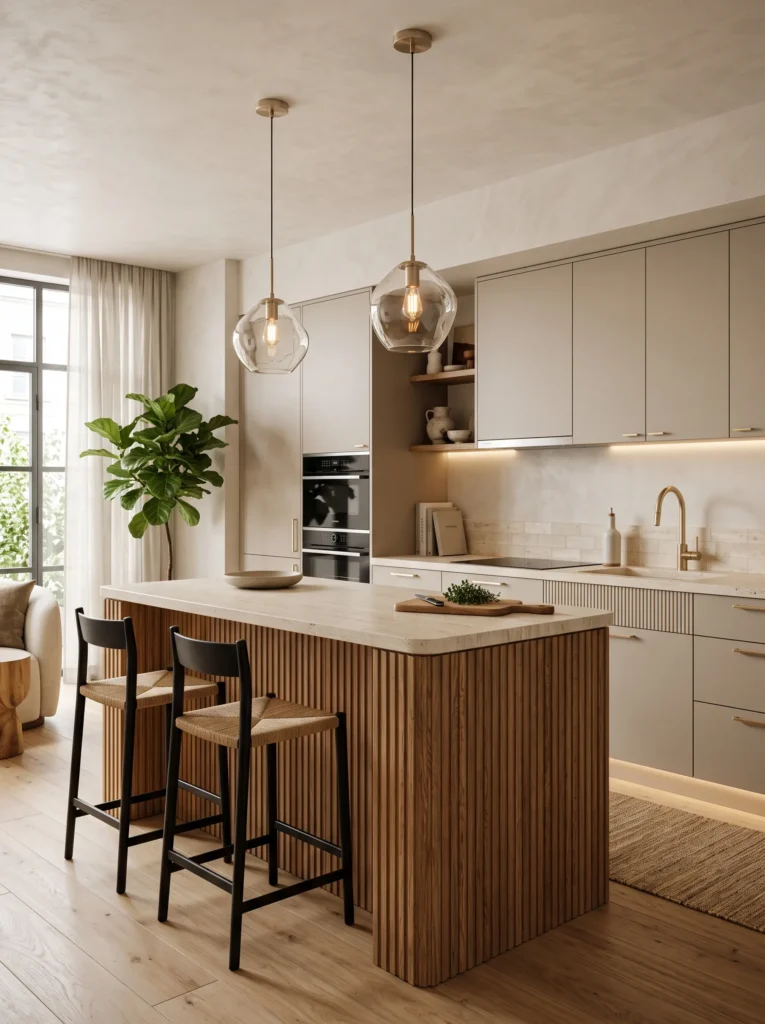 Modern small kitchen island wrapped in vertical fluted oak panels with brushed brass hardware.