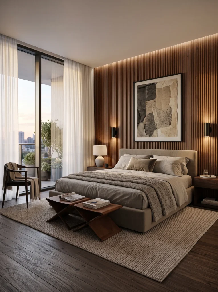 hidden LED backlighting behind a fluted walnut headboard wall