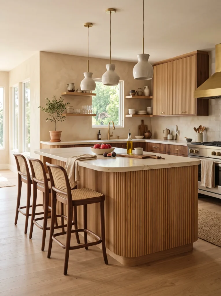 Modern boho kitchen decor featuring a fluted white oak island with quartz countertop and walnut bar stools.