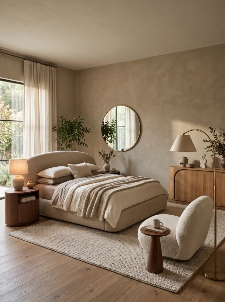 Tall Bird of Paradise plant casting shadows in an earthy minimalist bedroom 