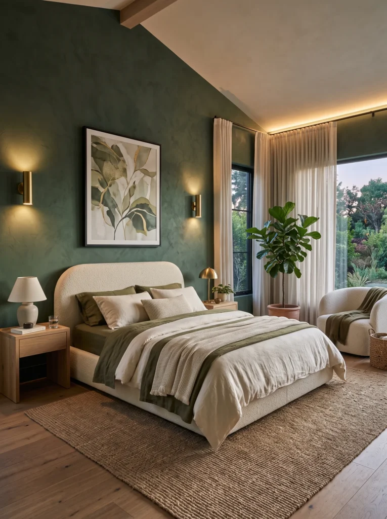 Forest green cocoon bedroom with curved cream bed and brass sconces