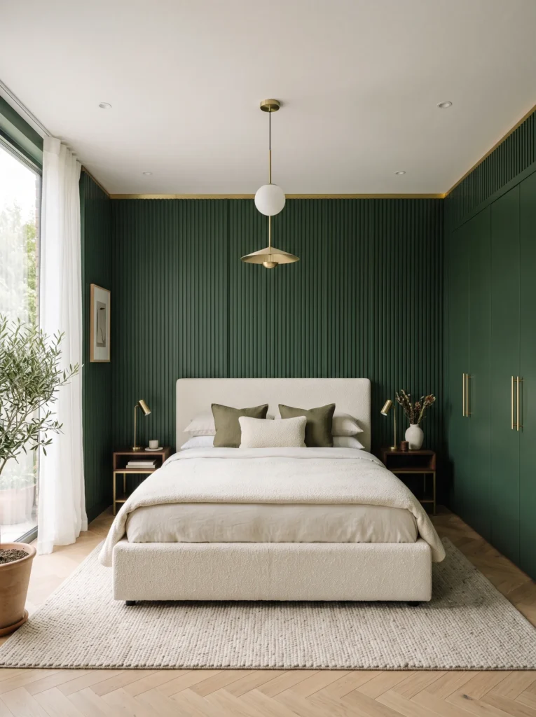  Forest green fluted wood paneling behind an ivory bouclé bed