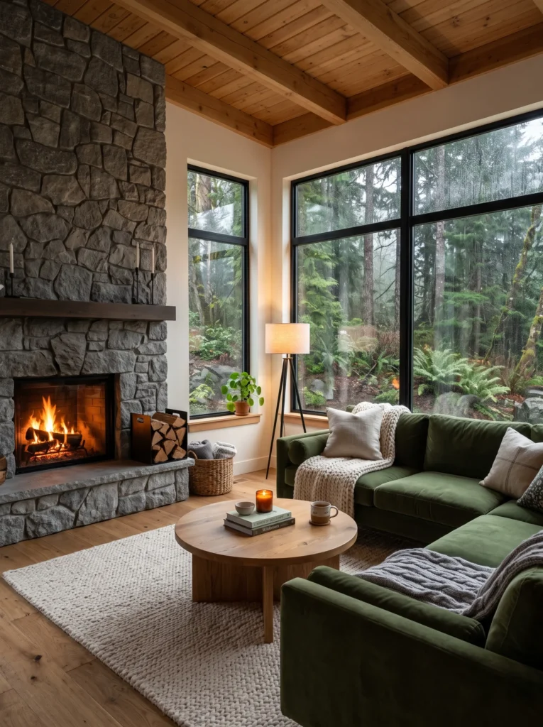 gray stone fireplace beside large windows overlooking a green forest
