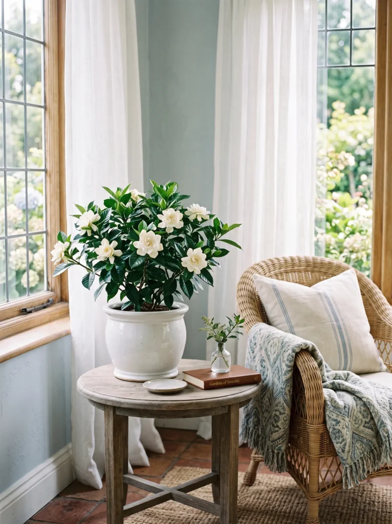 Gardenia with creamy white waxy blooms and glossy leaves in a classic white pot in a sunroom
