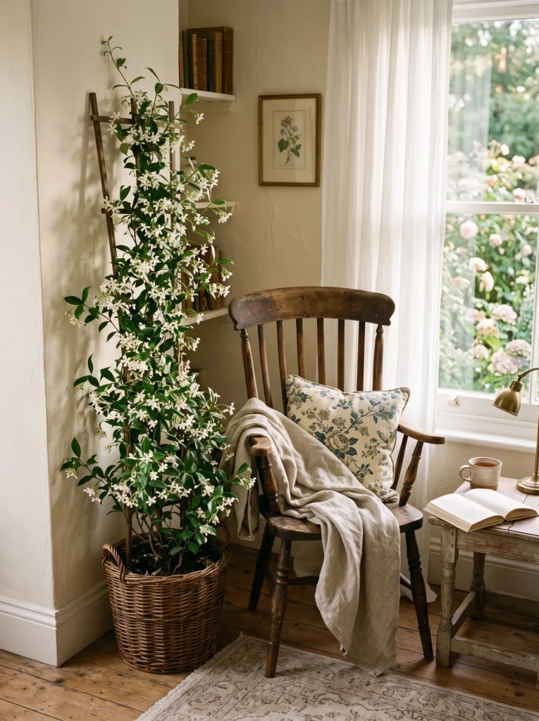 Jasmine vine trained on a wooden trellis with white star-shaped blooms in a cottage-style nook