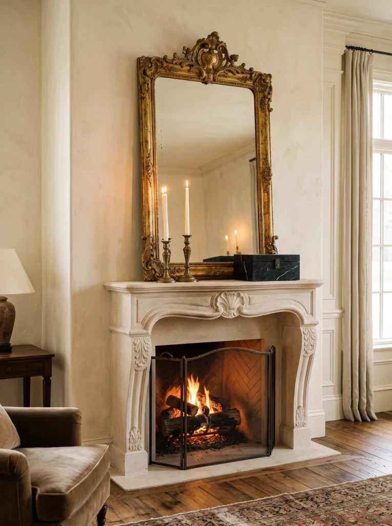 Oversized antique gilt mirror leaning on a limestone mantel