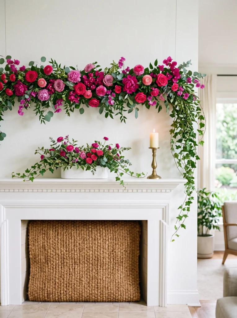 Rolled natural fiber mat filling a fireplace firebox below a floral garland