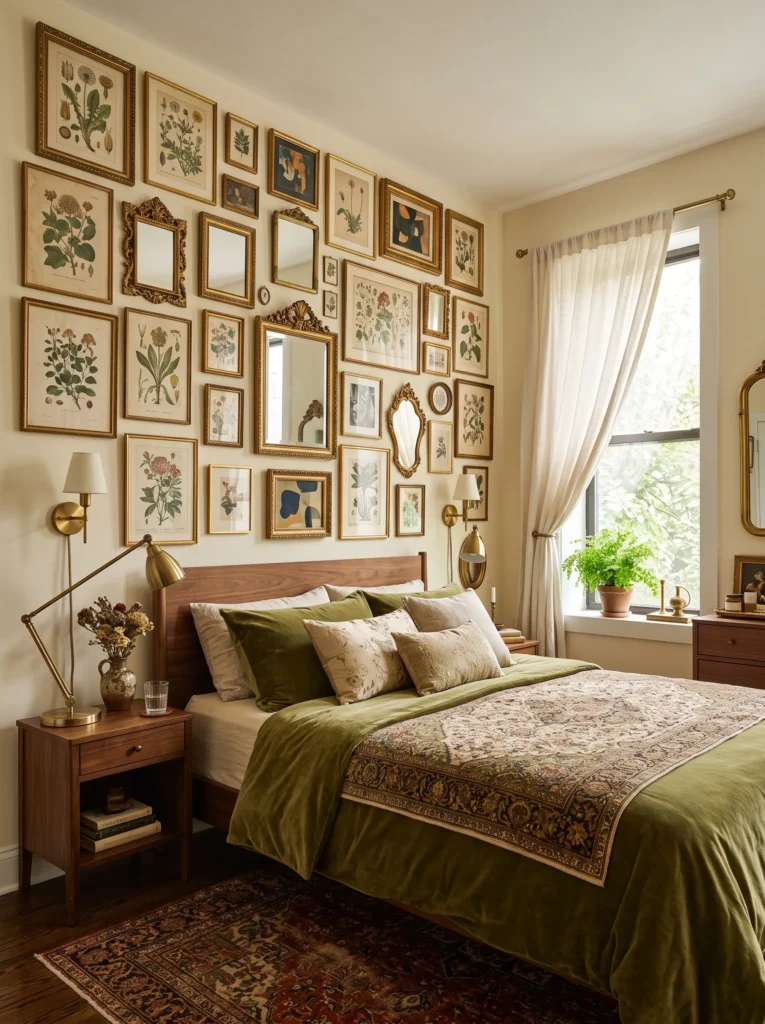 floor-to-ceiling gallery wall with gold frames and brass sconce in a small maximalist bedroom