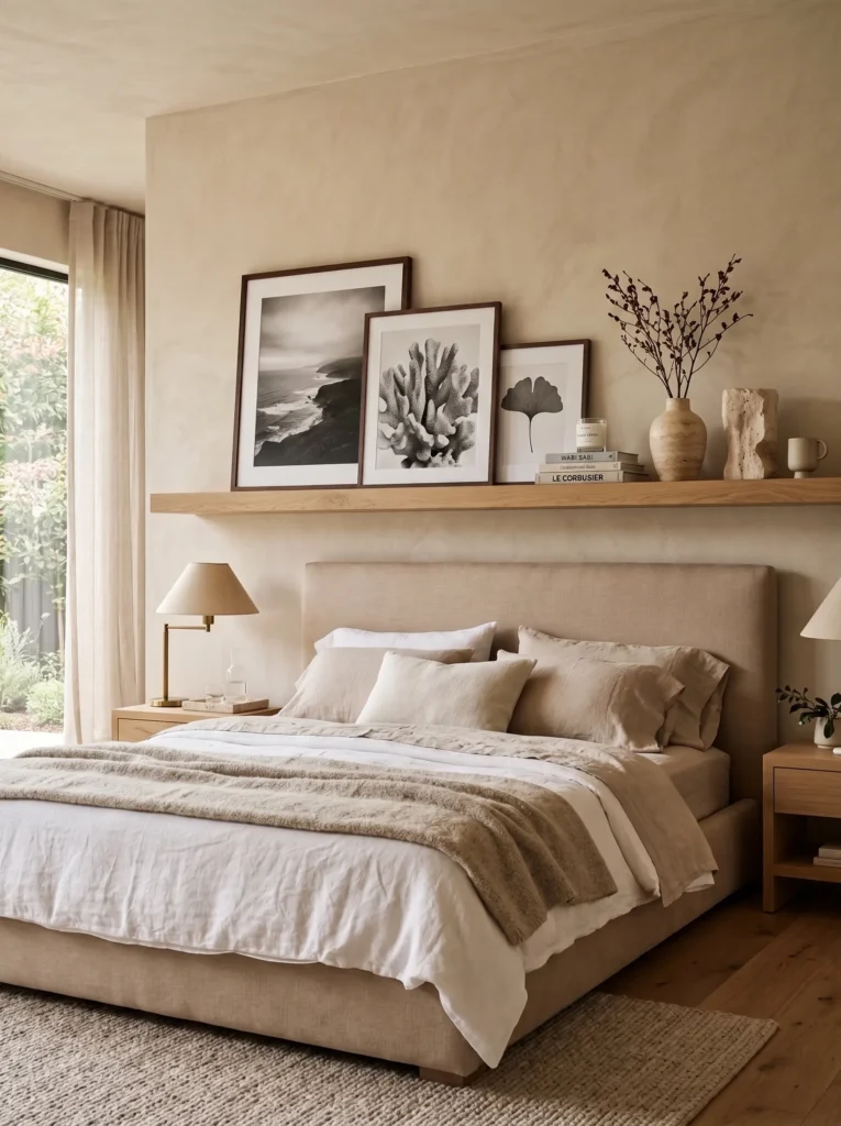 sculptural books and travertine décor styled on a floating gallery shelf