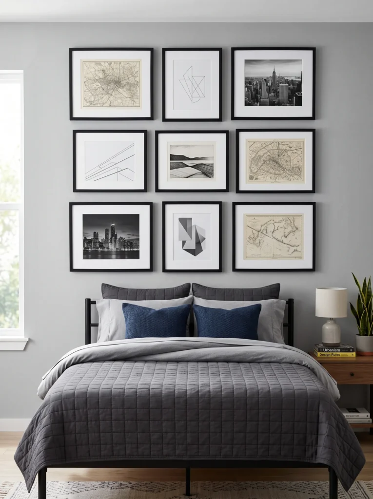  Black-framed gallery wall grid above a dorm bed with city skylines and abstract prints — dorm wall decor ideas for guys.