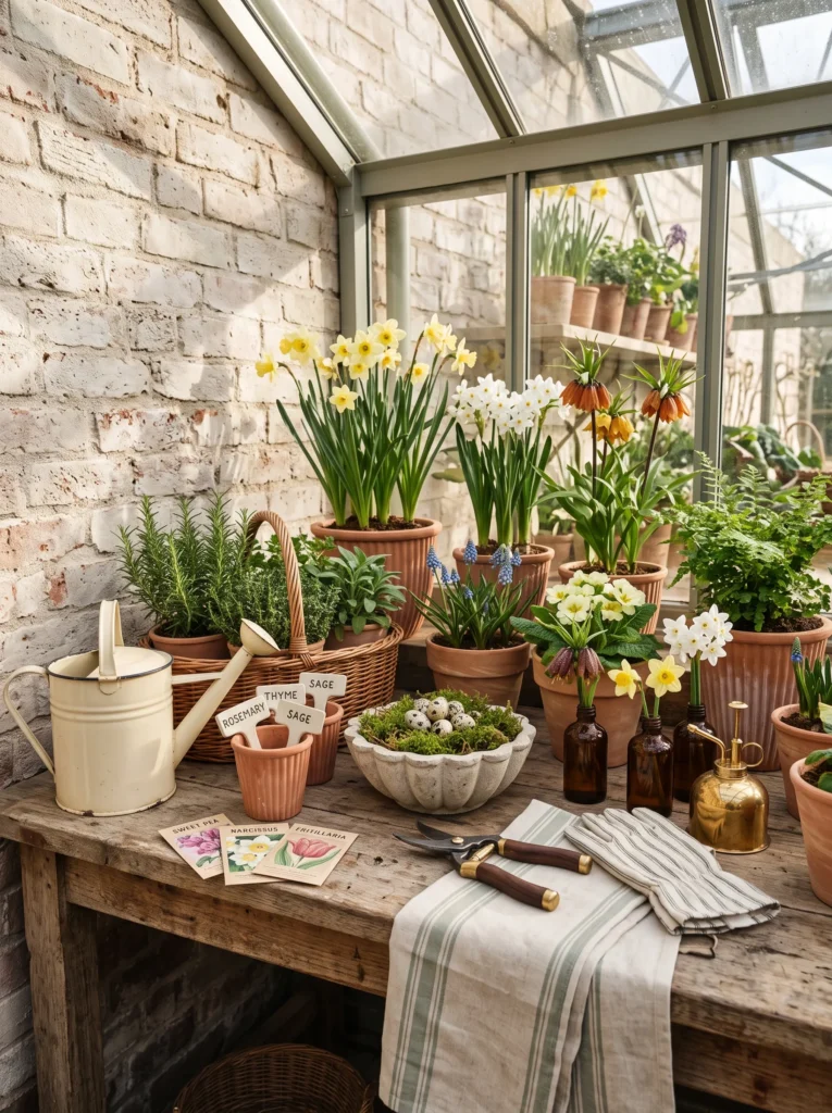 Reclaimed oak potting bench styled with terracotta planters and amber glass bottles