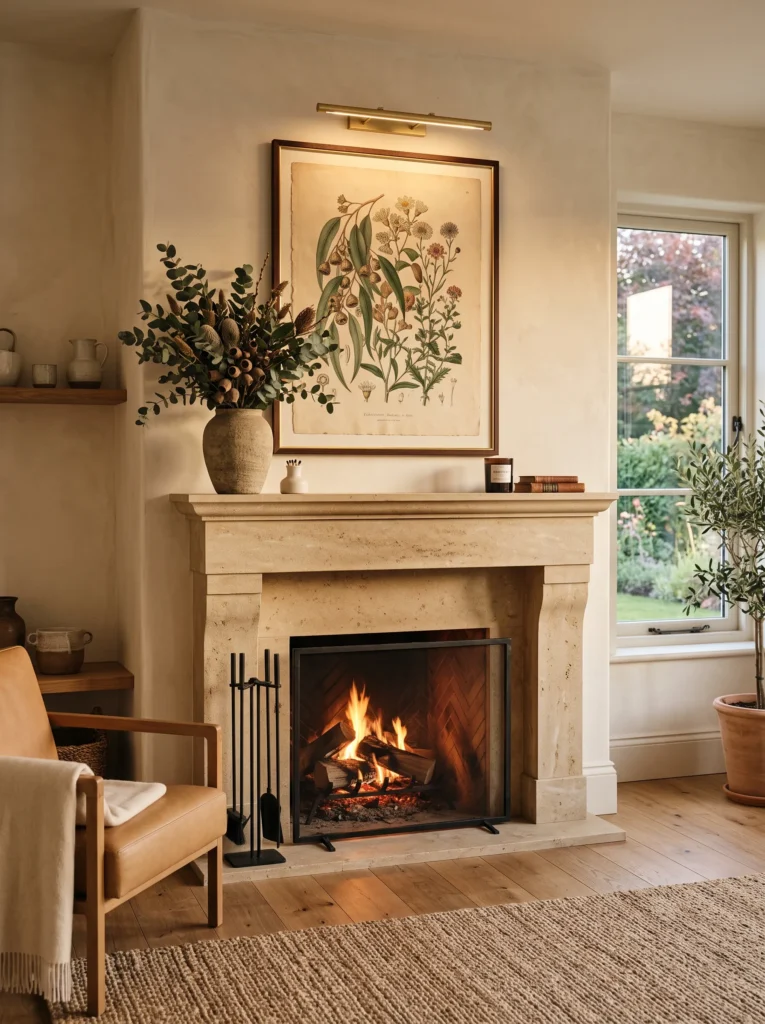 Antique botanical illustration with preserved eucalyptus on a mantel