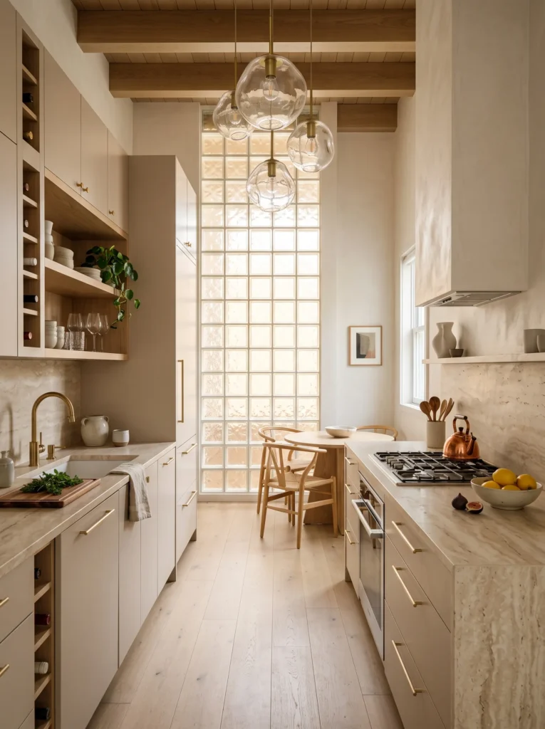 Compact kitchen with slim vertical glass block partition glowing with warm natural daylight.