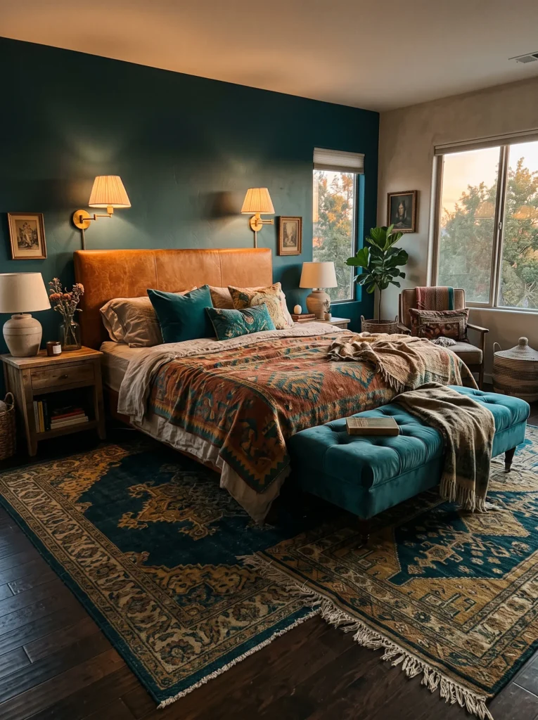 Layered vintage rugs and cognac leather headboard in a global boho bedroom