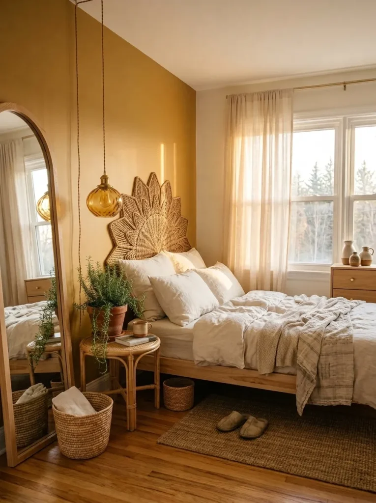 Golden hour bedroom alcove with daybed and woven sunburst wall hanging
