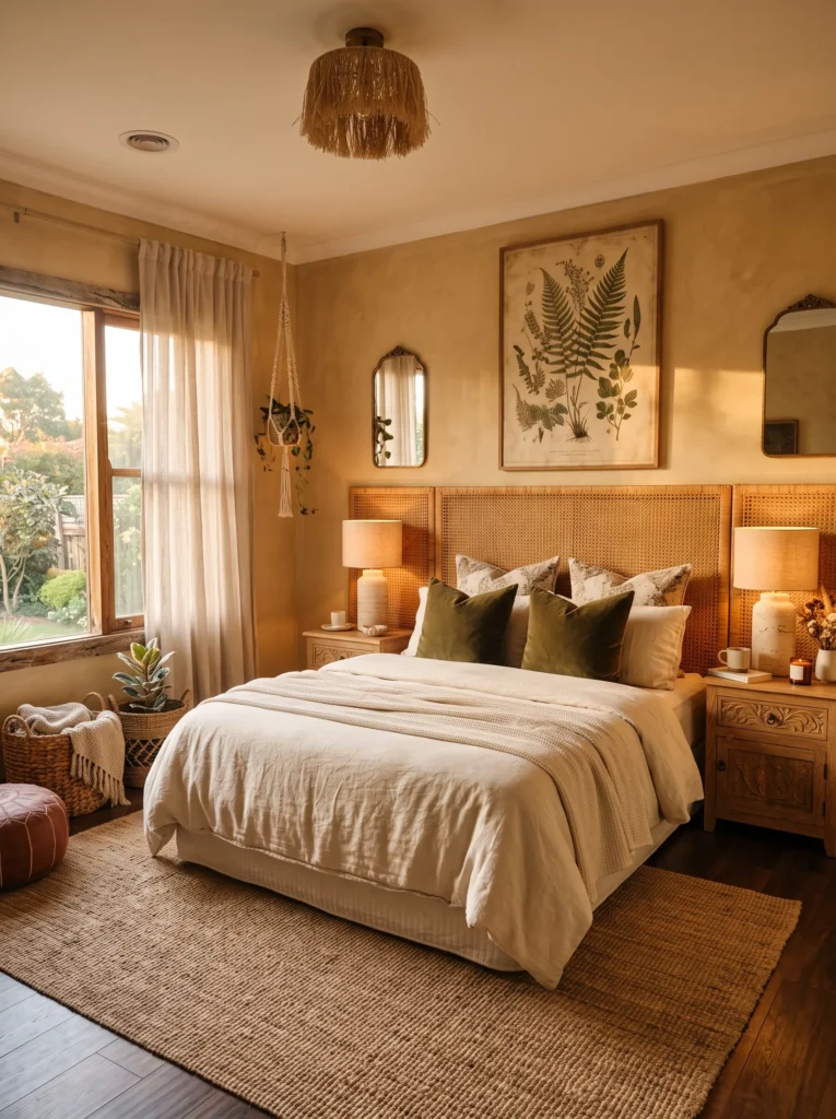 Golden ochre bedroom with honey-toned rattan headboard and stone decor
