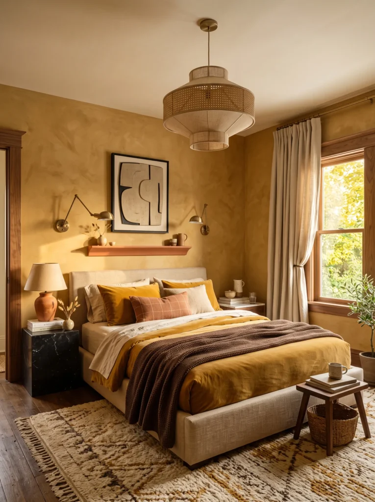 golden ochre limewash walls with mustard velvet pillows and terracotta ceramics in a bedroom