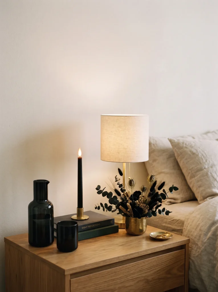 dark glass carafe and dried black florals styled on bedroom nightstand