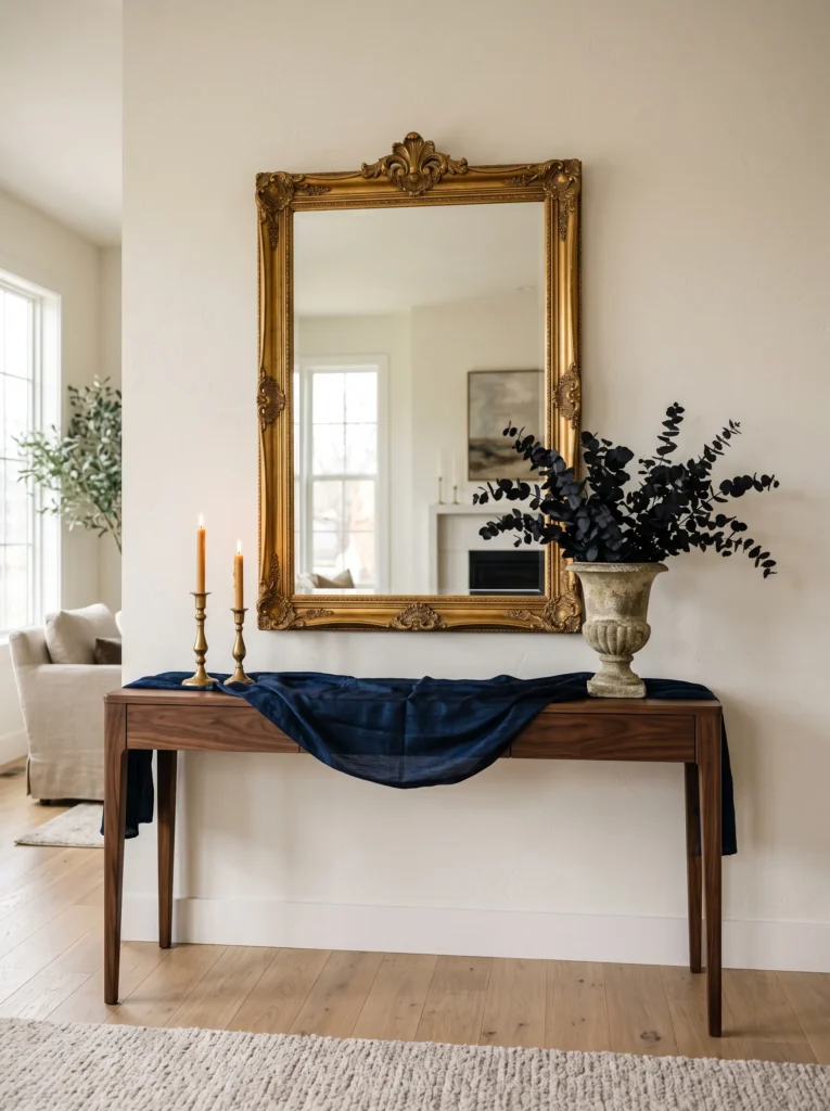 gothic entryway console table with brass candlesticks and preserved eucalyptus