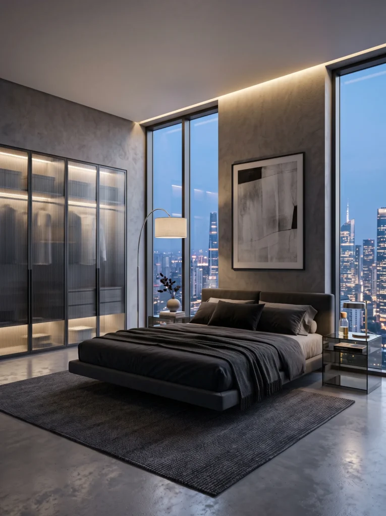 Graphite gray microcement bedroom with smoked glass nightstands
