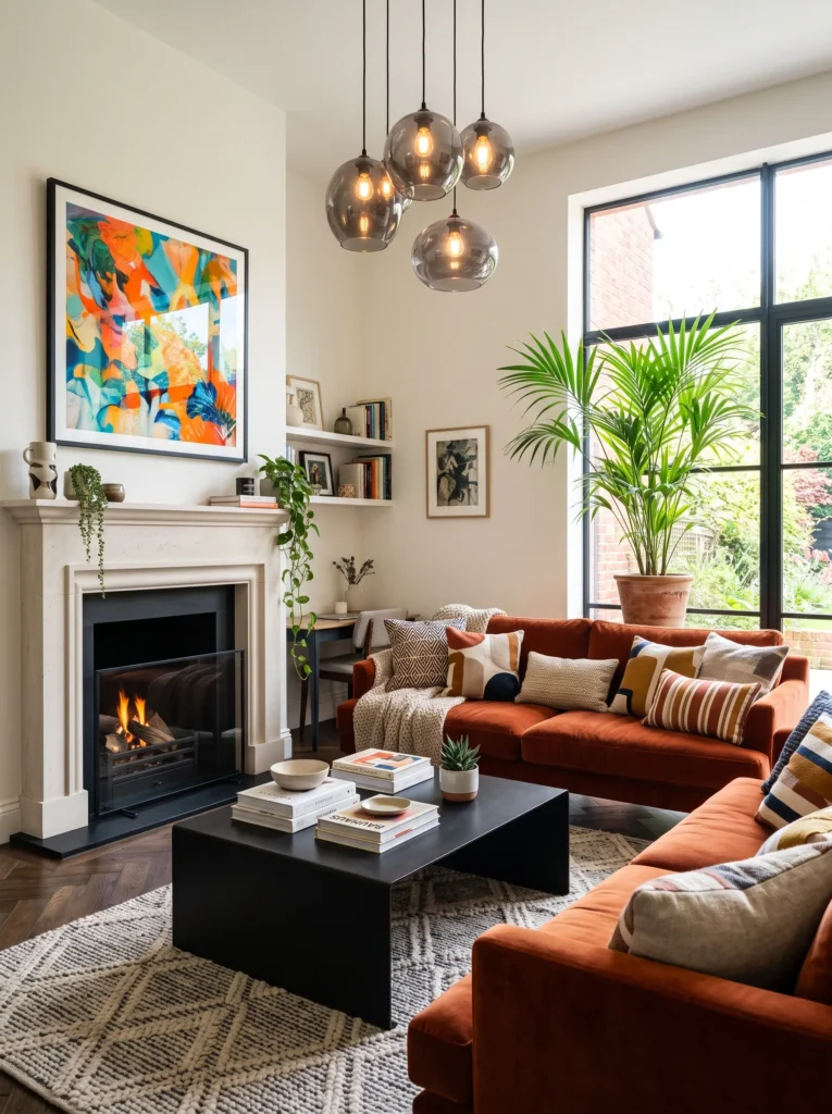 charcoal basalt fireplace against concrete walls in an urban loft