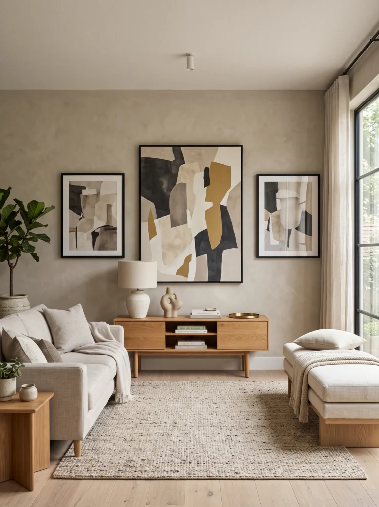 greige gallery wall art layered frames