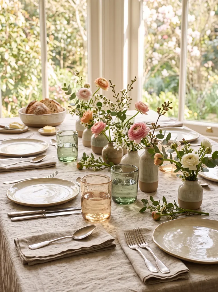 Amber and smoky green hand-blown glass tumblers on a linen tablecloth